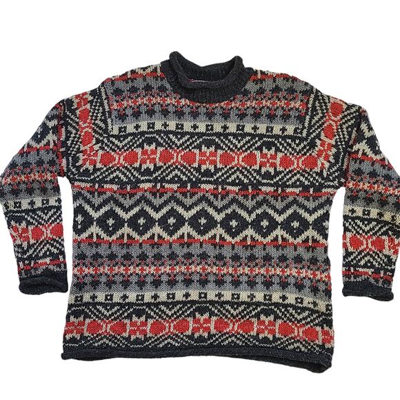 Claudia D oversized gray black red Fair Isle crew neck sweater size XL - Picture 1 of 4
